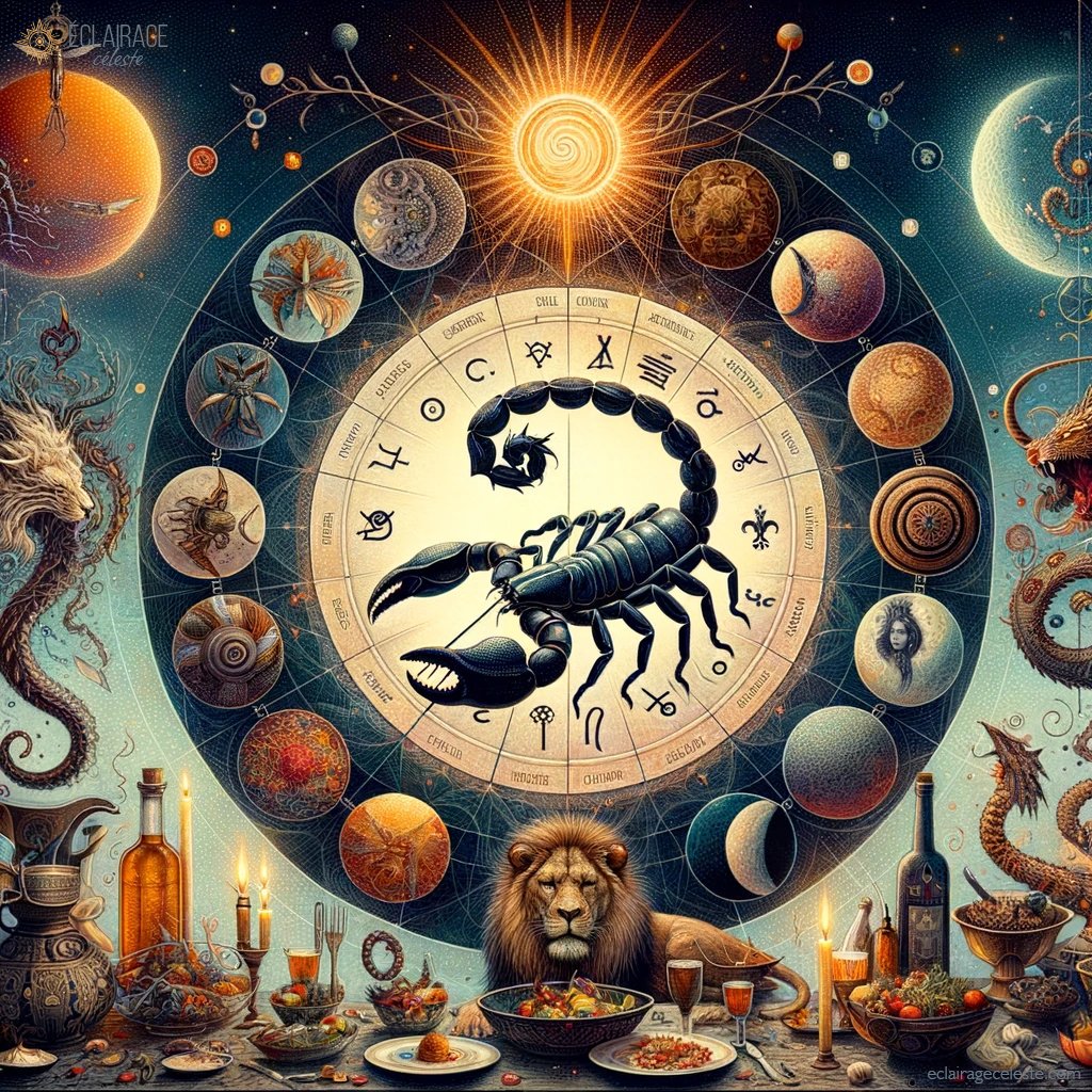 Symbolisme astrologique et culinaire reflétant la personnalité de Cyril Lignac, mêlant les influences du Scorpion, du Lion et de la Balance dans une harmonie de couleurs et de motifs.