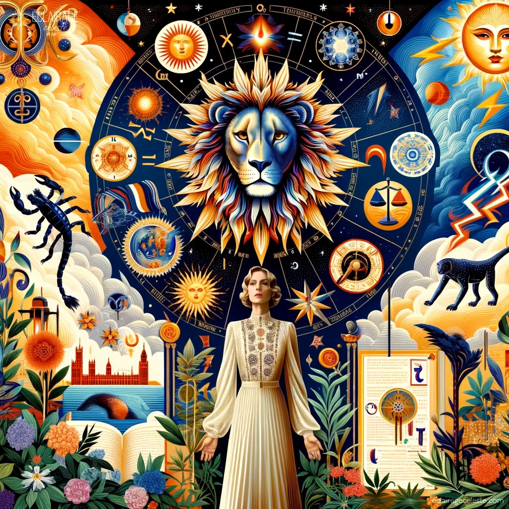 Portrait astral d'Emmanuelle Béart, fusionnant Lion, Gémeaux, et l'équilibre Balance avec motifs astrologiques.