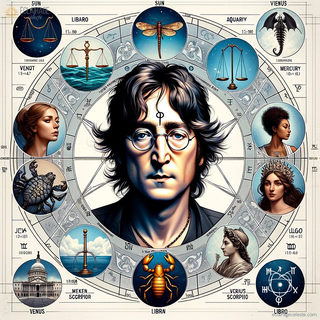 L'image astrale symbolique reflétant les aspects astrologiques de John Lennon incorpore des éléments représentant son Soleil en Balance, sa Lune en Verseau, Mercure en Scorpion, Vénus en Vierge, et Mars en Balance, tout en mettant en avant son esprit révolutionnaire, sa curiosité intellectuelle et sa créativité artistique.