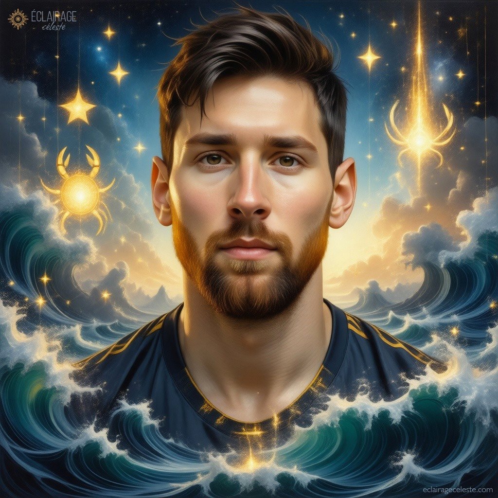 Un portrait astral symbolique inspiré de la carte astrologique de Lionel Messi. L'image comporte un motif céleste du Cancer pour le Soleil, représenté par des vagues douces et une énergie nourricière au clair de lune. L'ascendant Verseau est symbolisé par des courants cosmiques futuristes et fluides qui se mêlent aux constellations d'étoiles, représentant la vision et l'innovation. La Lune et Vénus en Gémeaux sont mises en valeur par des rubans célestes jumeaux et des étoiles scintillantes, signifiant l'adaptabilité et le charme. Mars et Mercure en Cancer ajoutent des vagues dynamiques à l'océan, symbolisant la force émotionnelle et la précision. Jupiter en Bélier brille comme une comète ardente, symbolisant l'ambition et le dynamisme. La toile de fond est un champ cosmique aux teintes argentées, bleues et dorées.