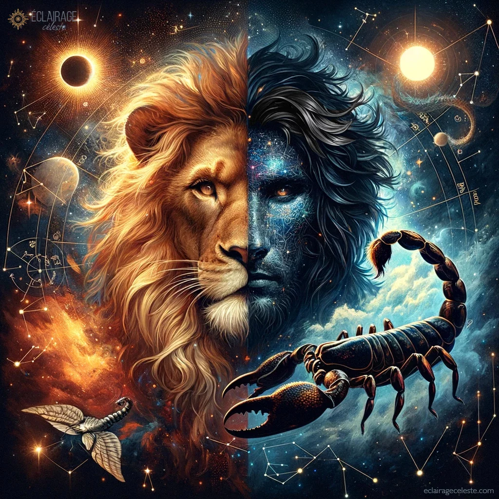 Représentation artistique symbolique du Lion et du Scorpion entrelacés sous un ciel étoilé nocturne, reflétant l'union de leadership, créativité et chaleur du Lion avec la profondeur, transformation et intensité du Scorpion, dans une harmonie de symboles astrologiques.