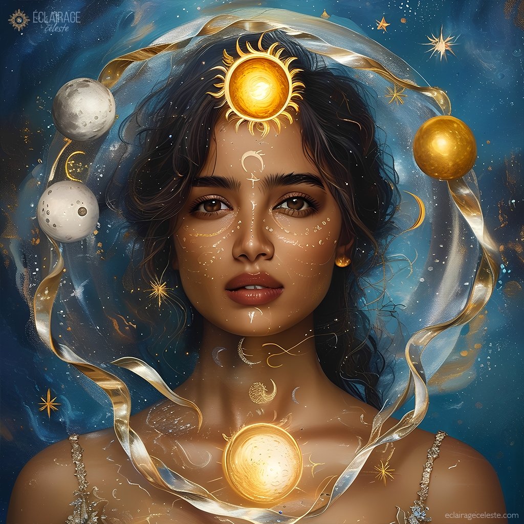 Un portrait astral symbolique inspiré par la carte astrologique de Priyanka Chopra. L'image présente un motif céleste cancérien pour le soleil, mettant en valeur une énergie nourricière et aquatique avec de douces vagues. L'ascendant Gémeaux est représenté par deux rubans cosmiques entrelacés, signifiant la dualité et l'adaptabilité, entourés d'étoiles scintillantes. Vénus et la Lune en Gémeaux sont mises en valeur par des éléments artistiques floraux et lunaires, évoquant le charme et l'expressivité. Mars, Saturne et Pluton en Balance sont symbolisés par des balances équilibrées illuminées par des flammes dynamiques, représentant la transformation et l'élan créatif. La toile de fond est une scène cosmique vibrante avec des teintes de bleu profond, d'argent et d'or.