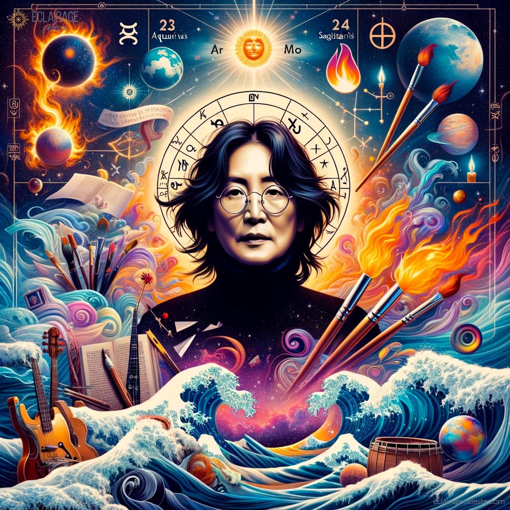 L'image astrale de Yoko Ono capture l'essence de son thème astral, symbolisant son esprit avant-gardiste, son indépendance et sa quête de liberté. Elle intègre les éléments d'Air et de Feu, reflétant son Soleil en Verseau et sa Lune en Sagittaire, tout en mettant en avant son art et son activisme pour la paix à travers des motifs artistiques et des symboles cosmiques. Cette œuvre vise à harmoniser visuellement les multiples facettes de sa personnalité et de son parcours, en représentant la complexité et la profondeur de son profil astrologique.